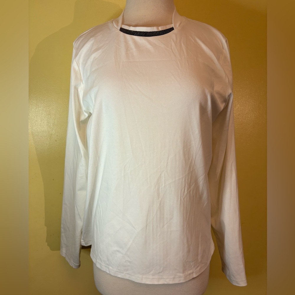 Von Bon Women's Long Sleeve White Top. Beading Accent by Neckline